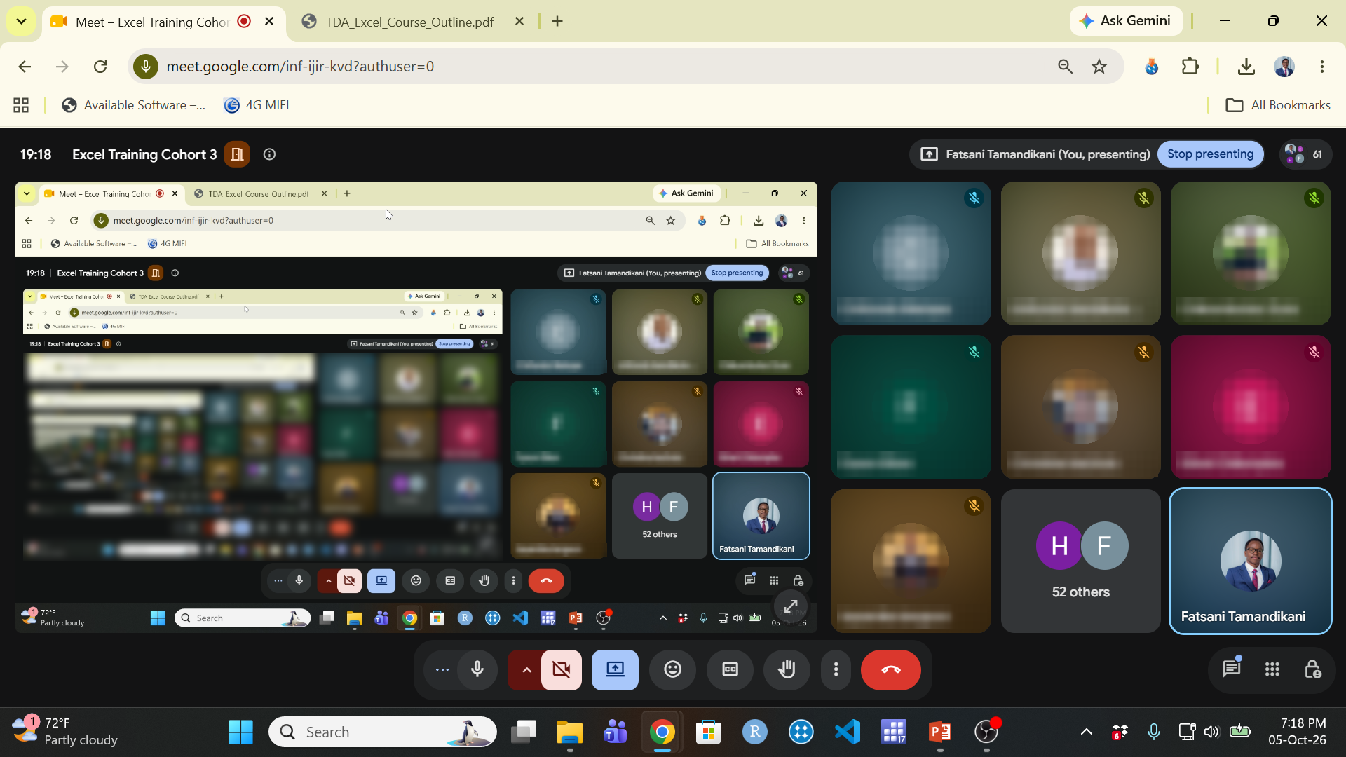 Excel Training Cohort 3 on Google Meet, day one, 5 October 2026